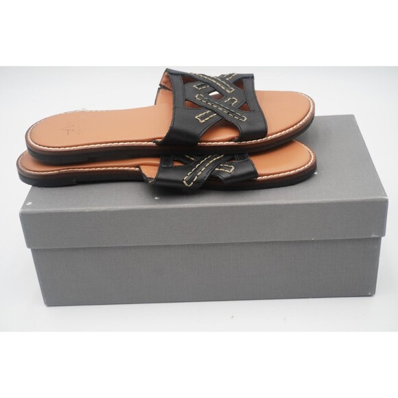 Aquatalia Andi Black Cutout Contrast Stitching Leather Slide Sandals Size 8.5 - Picture 11 of 14